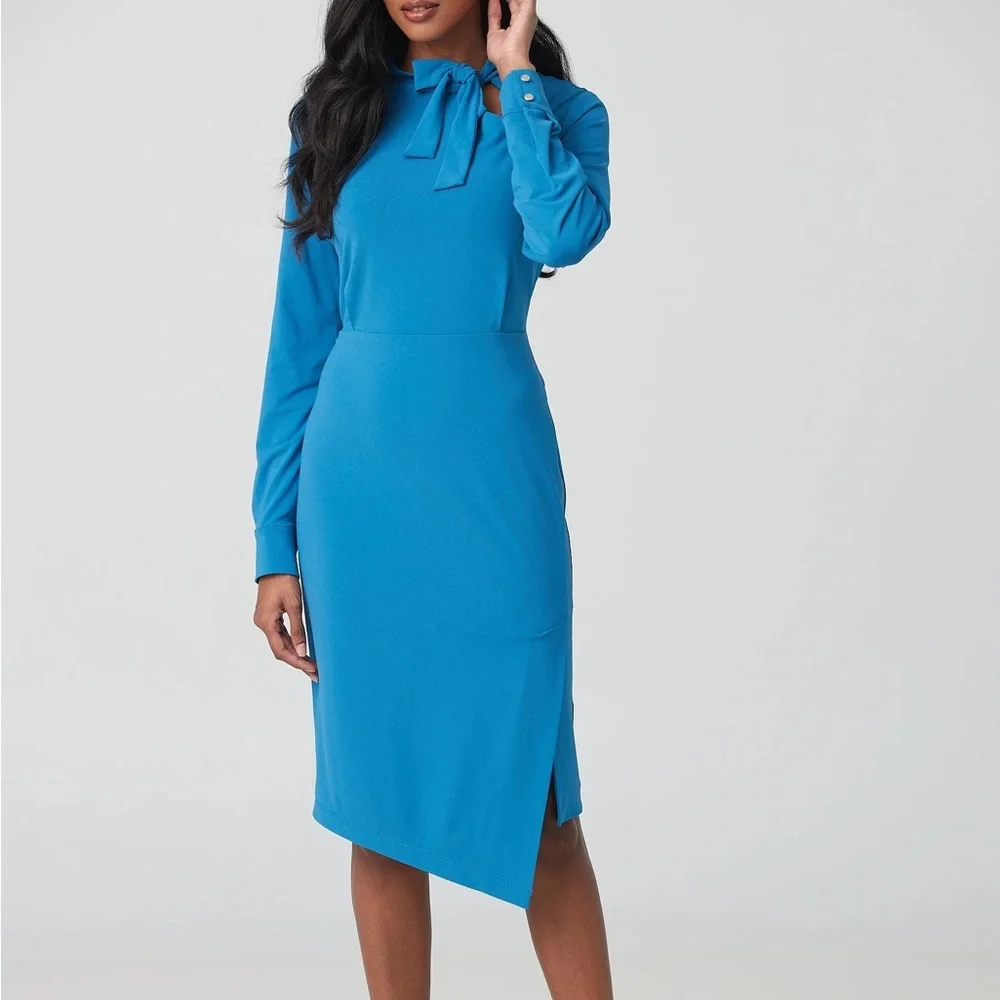 Iris Setlakwe‎ Tie Neck Midi Dress Asymmetrical Hem Dressy Blue Size Small